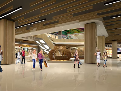 Modern Mall Lobby Interior Design With Shoppers Walking Decorative Columns And Ceiling Lighting 3d model
