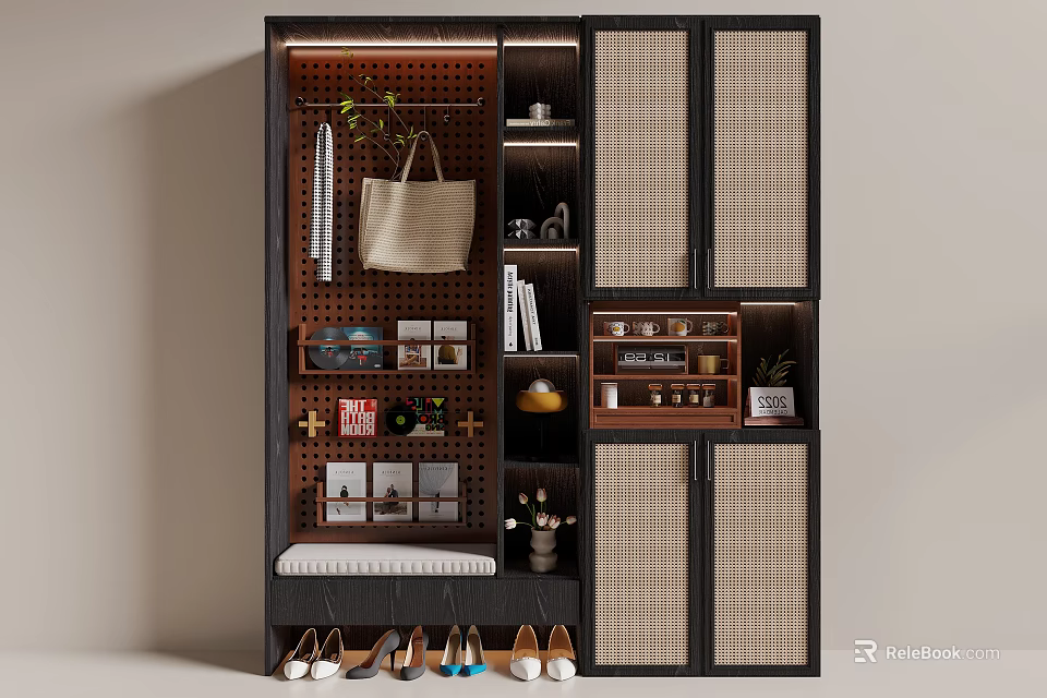 Modern Wooden Shoe Cabinet With Lattice Doors Bench And Multiple Storage Compartments 3d model 