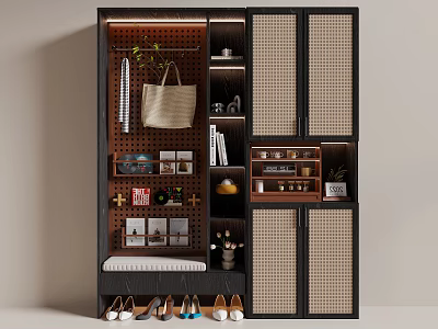 Modern Wooden Shoe Cabinet With Lattice Doors Bench And Multiple Storage Compartments 3d model