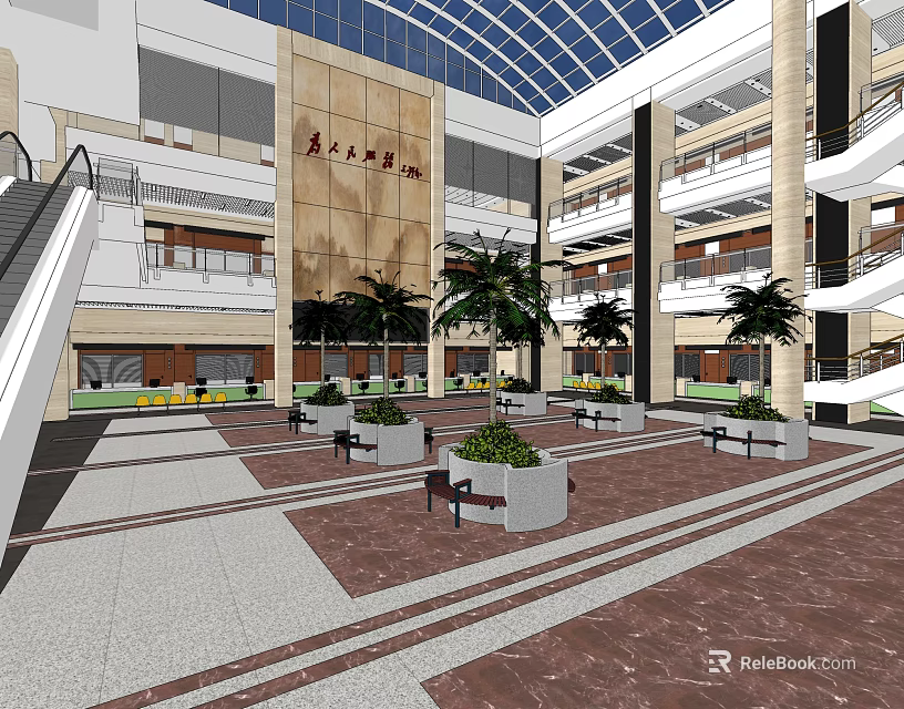 Spacious Modern Commercial Building Lobby Front Desk Reception With Palm Trees White Planters And Benches 3d model 