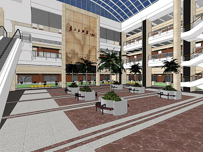 Spacious Modern Commercial Building Lobby Front Desk Reception With Palm Trees White Planters And Benches 3d model