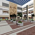Spacious Modern Commercial Building Lobby Front Desk Reception With Palm Trees White Planters And Benches