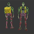 Two Humanoid Robots With Black Bodies Yellow Spiral Backs Blue Eyes And Mechanical Joints