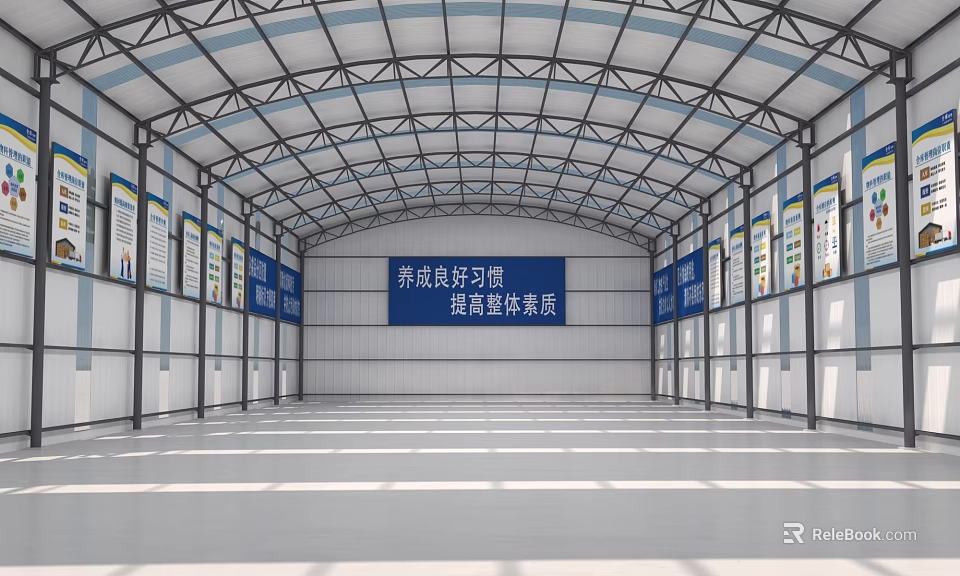Spacious Industrial Workshop Interior With Steel Structure Roof Display Boards And Central Banner 3d model 
