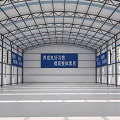 Spacious Industrial Workshop Interior With Steel Structure Roof Display Boards And Central Banner