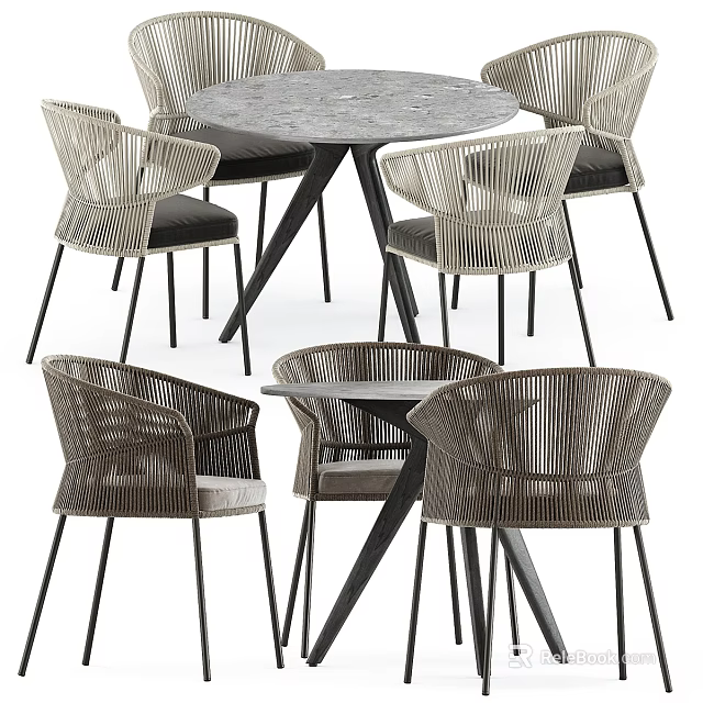 Modern Stylish Woven Table And Chair Set With Round Table And Metal Leg Armchairs 3d model 