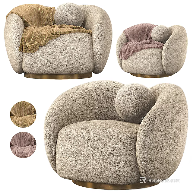 Beige Plush Single Sofa With Round Cushion And Soft Blanket Texture Details 3d model 