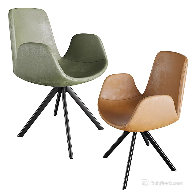 Modern Leather Dining Chairs With Green And Brown Upholstery And Black Tripod Bases 3d model 