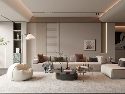 Modern Living Room Interior With White Sofa Bean Bag Chair Coffee Table And Decorative Painting 3d model