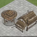 Scenic Rustic Outdoor Pergola With Thatched Roof Wooden Structure And Garden Tables Chairs