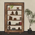 Wooden Multi Tiered Shelf With Vases Books Clay Pots And Decorative Plant