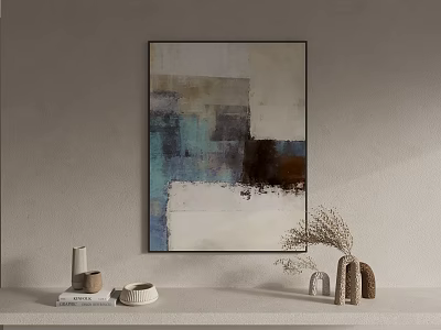 Abstract Painting With Blue White Brown Beige Tones Hanging On Gray Wall With Shelf Decor 3d model
