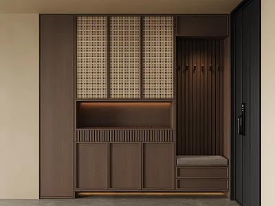 Modern Wooden Shoe Cabinet With Rattan Panel Doors Storage Bench And Coat Hooks 3d model