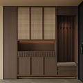Modern Wooden Shoe Cabinet With Rattan Panel Doors Storage Bench And Coat Hooks