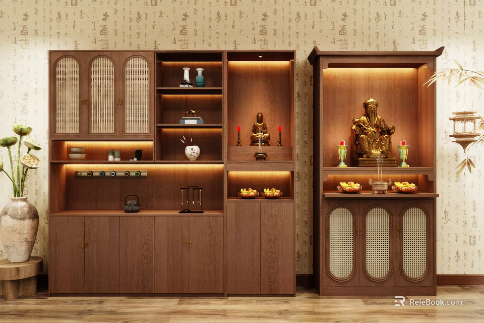 Elegant Traditional Wooden Buddhist Altar Cabinet Featuring Buddha Statues Offerings Lighting And Patterned Wallpaper 3d model 