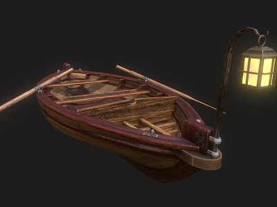 Wooden Sailboat Interior With Oars And Lit Lantern On Dark Background 3d model
