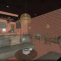 USA COFFE Cafe Exterior With Red Brick Structure Glass Door Windows And Interior Furniture Plants