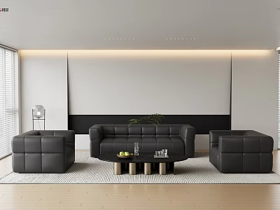 Modern Black Leather Sofa And Coffee Table Set With Metal Legs And Area Rug 3d model