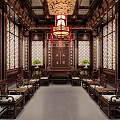 Ancient Chinese Architectural Hall Interior With Wooden Carvings Red Lantern And Decorative Windows