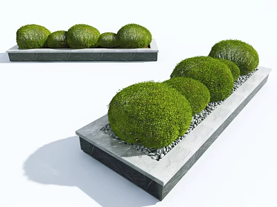 Round Green Shrubs in Stone Planters with Pebbles for Garden Landscaping 3d model