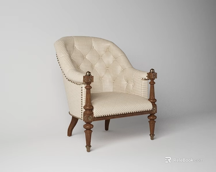 Classic Beige Tufted Leisure Chair With Wooden Carved Arms And Turned Legs 3d model 