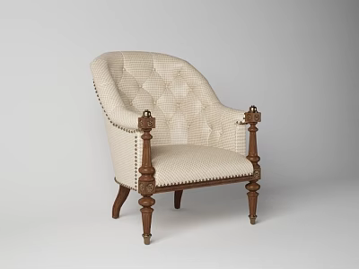 Classic Beige Tufted Leisure Chair With Wooden Carved Arms And Turned Legs 3d model