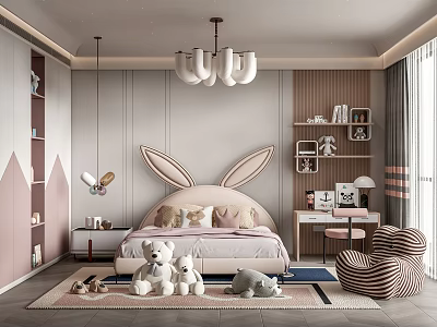 Cozy Kids Room Interior With Bunny Ear Headboard Stuffed Bears Area Rug And Chandelier 3d model