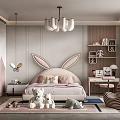 Cozy Kids Room Interior With Bunny Ear Headboard Stuffed Bears Area Rug And Chandelier
