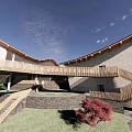 Modern Curved Roof Building With Wooden Glass Structure And Greenery Flower Beds