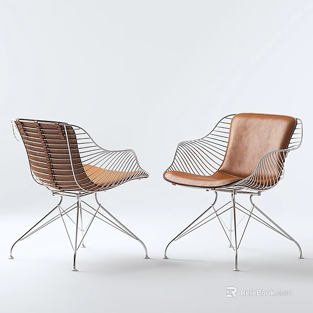 Two Modern Leisure Chairs With Metal Wire Frame And Brown Leather Seats 3d model 