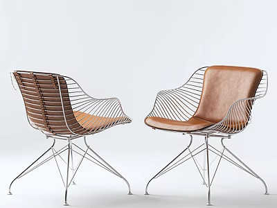 Two Modern Leisure Chairs With Metal Wire Frame And Brown Leather Seats 3d model