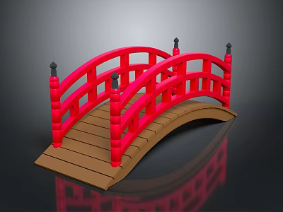 Red Arch Bridge With Wooden Deck Red Railings And Black Finials 3d model