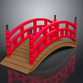 Red Arch Bridge With Wooden Deck Red Railings And Black Finials