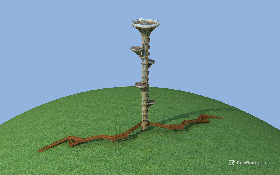 Spiral Tower Structure With Platforms On Green Grass Field And Red Walkway 3d model