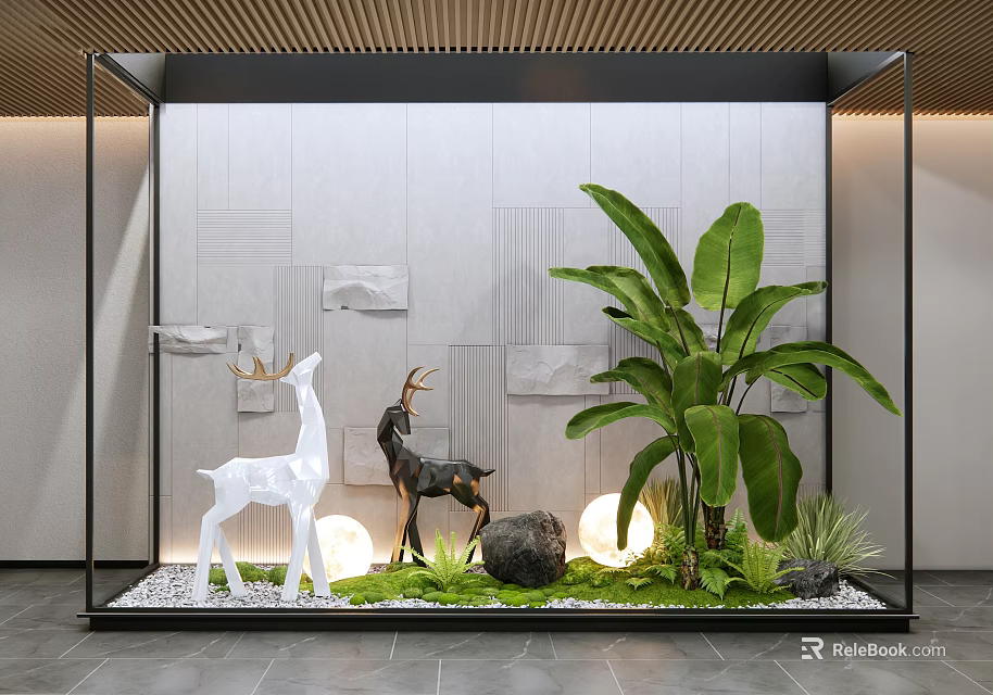 Modern Indoor Landscape With Deer Sculptures Green Plants Lighting And Pebble Floor 3d model 