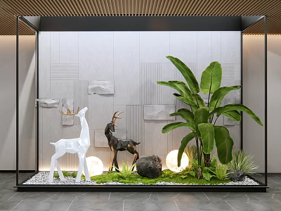 Modern Indoor Landscape With Deer Sculptures Green Plants Lighting And Pebble Floor 3d model