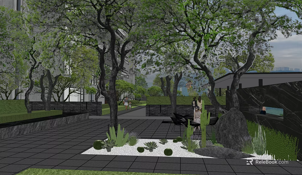 Tranquil Garden Landscape Design With Trees Paved Ground Rocks Small Plants And Building Background 3d model