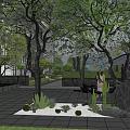 Tranquil Garden Landscape Design With Trees Paved Ground Rocks Small Plants And Building Background 3d model