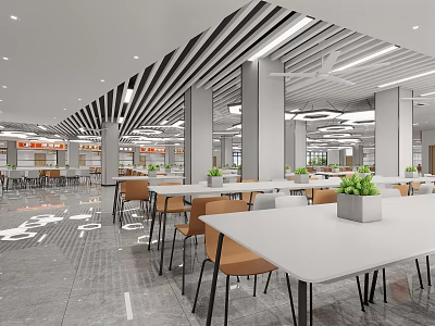 Modern Dining Hall Interior With Tables Chairs Plants And Bright Space 3d model