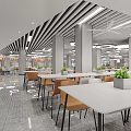 Modern Dining Hall Interior With Tables Chairs Plants And Bright Space 3d model