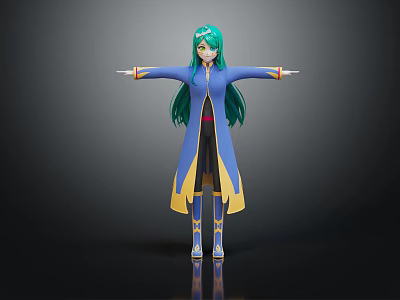 3D Model Fantasy Character With Green Long Hair Blue And Yellow Robe Arms Outstretched 3d model