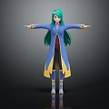 3D Model Fantasy Character With Green Long Hair Blue And Yellow Robe Arms Outstretched
