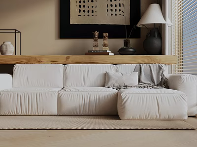 Minimalist White Three Seater Sofa With Pillows Blanket Wooden Shelf And Decorations In Living Room 3d model