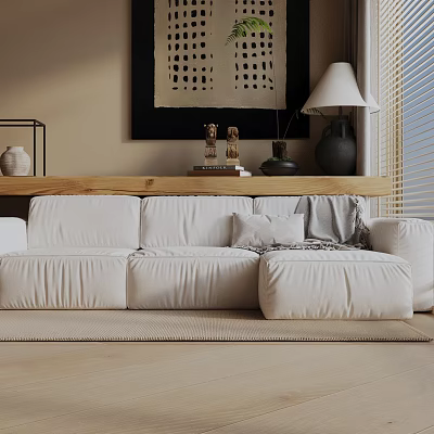 Minimalist White Three Seater Sofa With Pillows Blanket Wooden Shelf And Decorations In Living Room 3d model