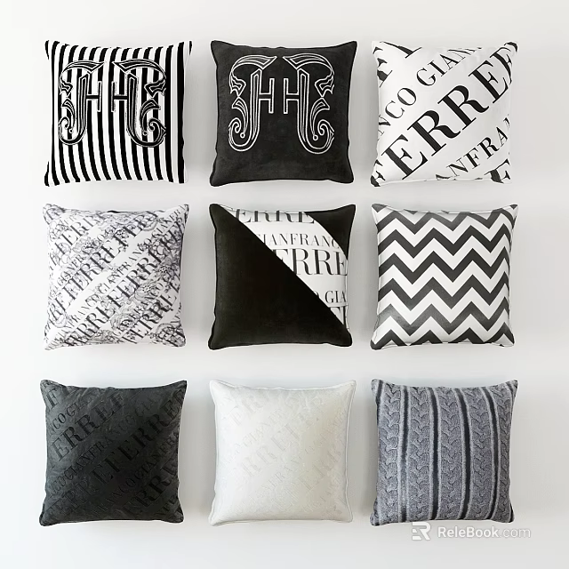 Black And White Decorative Throw Pillows With Various Patterns And Text Designs 3d model