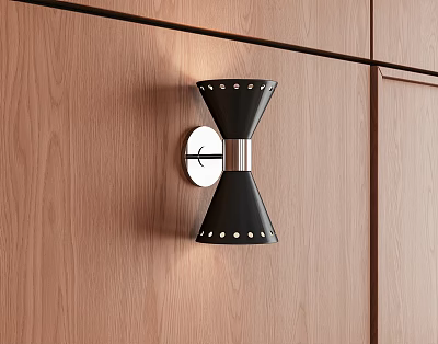 Modern Minimalist Black Wall Lamp Mounted On Wooden Wall With Metal Accent 3d model