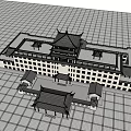 Traditional Ancient Architectural Structure with Multiple Tiered Roof Red Pillars Symmetrical Design and Paved Square