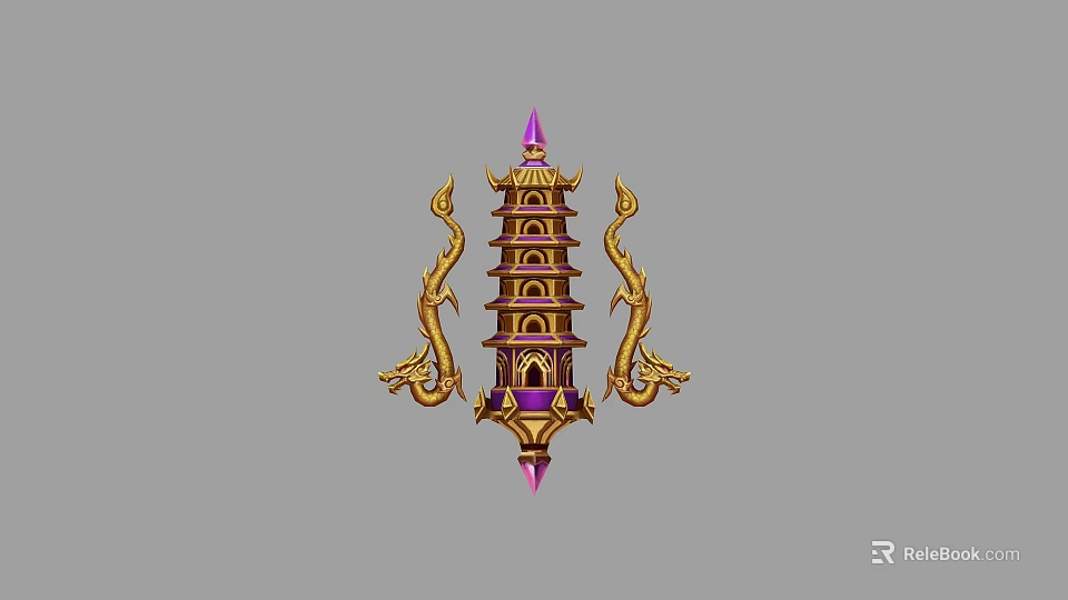 Traditional Chinese Style Ornate Tower With Golden Dragon Decorations And Purple Spire 3d model 