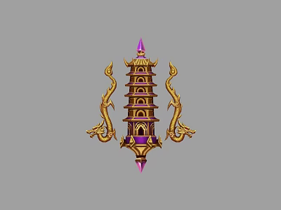 Traditional Chinese Style Ornate Tower With Golden Dragon Decorations And Purple Spire 3d model