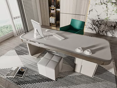 Modern Home Office Desk With Computer Monitor Keyboard Cups Green Chair And Window 3d model
